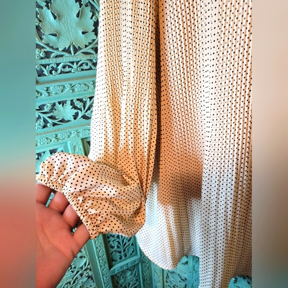 Adrianna Papell | Polka Dot Pleated Bishop Sleeve Blouse | Peach | Large - Picture 9 of 12